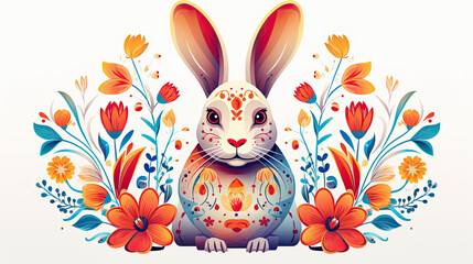 Rabbit Surrounded by Flowers and Leaves