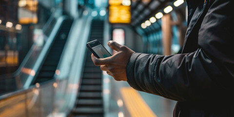 Transport pay and NFC wireless technology concept. Electronic payment. Close up of hand paying bill with credit card contactless payment on smartphone in underground metro, scanning on a card machine