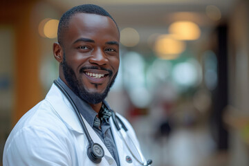 Portrait Of Mature African Male Doctor Wearing White Coat Standing In Hospital Corridor