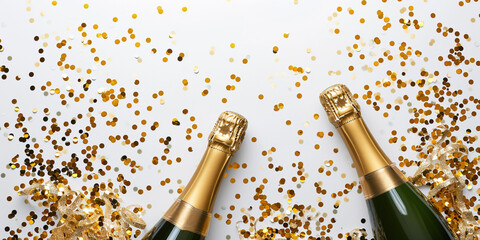 Two gold bottles with party shiny glitter streamers on white background. Horizontal banner for celebrations and invitation cards. Empty space place for text, copy paste