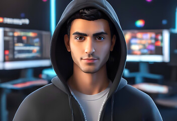 3D cartoon character of a  medium shot of a young middle eastern male computer geek, black hoodie, looking directly to the camera, inside a a high-tech environment, digital art