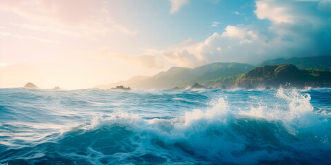Panoramic view of a coastline with a series of waves rolling towards the shore, displaying the rhythmic motion of the ocean.