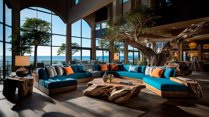 Coastal beachfront hotel lobby with coastal decor, driftwood accents, and panoramic ocean views.
