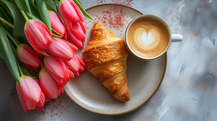 Cup of coffee, croissant and tulips on the table