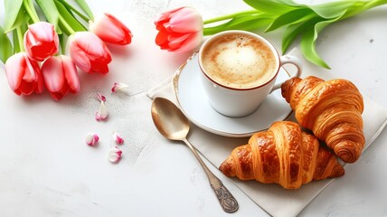 Cup of coffee, croissant and tulips on the table
