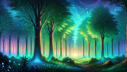 Fototapeta na wymiar A magical forest glows with ethereal light, a starry sky above, and a path through glowing, dreamlike trees in a tranquil setting. Enchanted forest concept. AI generated.