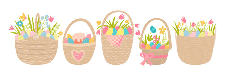 Easter baskets flat style with Easter eggs and spring flowers vector set