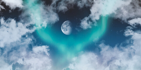 Green northern lights and bright moon in the night cloudy sky.