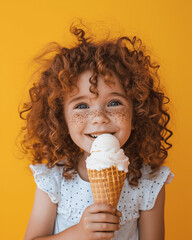 Happy Curly Girl with Freckles Enjoying Gelato on Pastel Orange Background