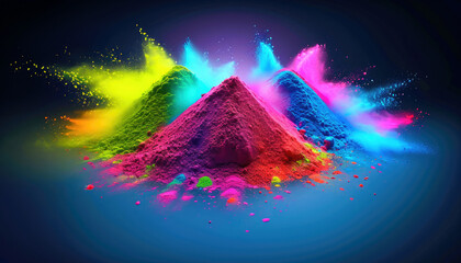  Holi Powdered Dye Piles Of Paint Neon Colors  Burst on Dark Background for Holi Festival Festive Celebration - obrazy, fototapety, plakaty