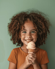 Happy Black Girl Enjoying Ice Cream Cone on Pastel Green Background