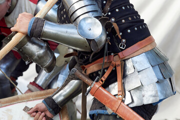 Armor of a medieval warrior close-up. Reenactors of historical events.