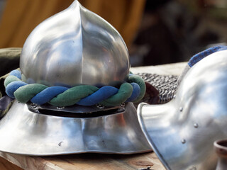 Armor of a medieval warrior close-up. Reenactors of historical events.