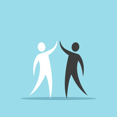 Two different men, high five gesture. Unity, variety, deal, teamwork, friendship, greeting and celebration concept. Flat design. EPS 8 vector illustration, no transparency, no gradients