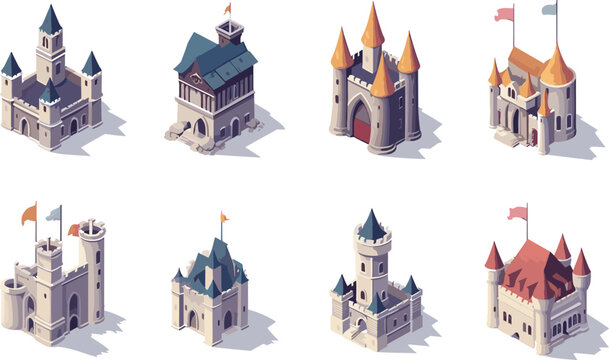 castle set isometric vector flat minimalistic isolated illustration
