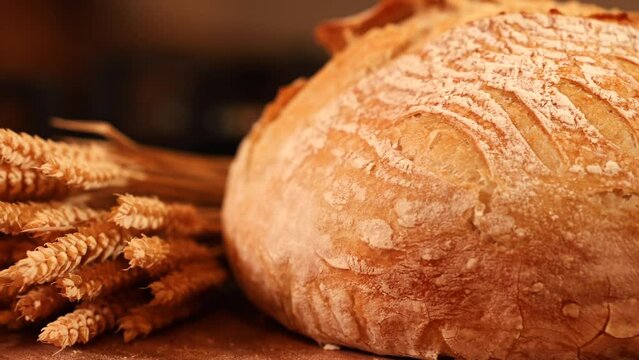 Bread baking 4K video. Close up view of some ears of wheat next to a fresh bread out of the oven with wheat shape scored on the dough.