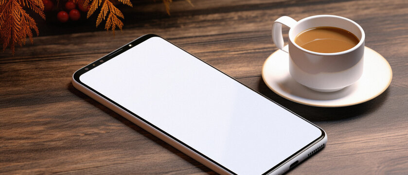 Mockup image of smartphone with blank white screen on wooden table with coffee cup