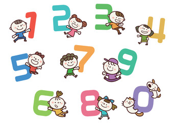 0～9までの数字とかわいい子どもたちのイラスト