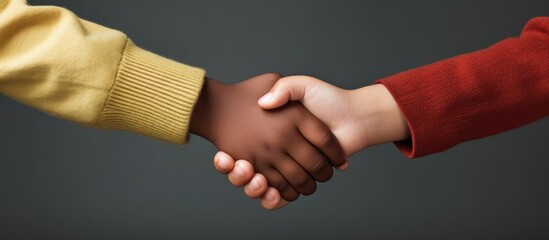 Partial view of diverse children exchanging handshakes.