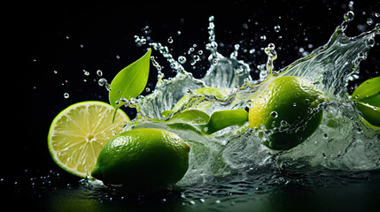  Fresh  green limes splashed with water on black background