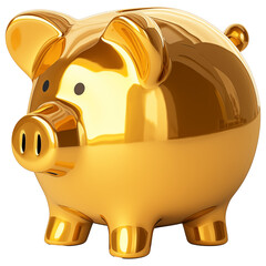 Golden piggy bank isolated on transparent background.