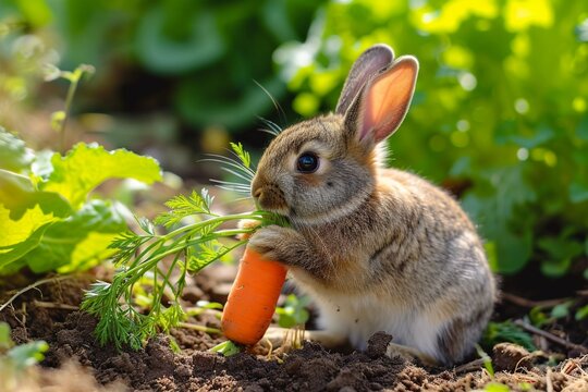 Rabbit in a garden proudly holding a freshly harvested carrot the earthy colors and textures creating a wholesome and picturesque image of natural delight