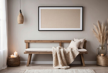 Wooden rustic bench with beige pillow, candles and knitted blanket against wall with big poster wood frame with copy space mock up
