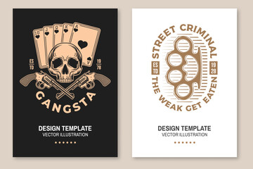 Set of gangster banner, poster. Vector illustration. Vintage monochrome label, sticker, patch with knuckle, skeleton skull and pocker cards silhouette