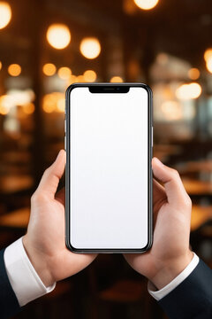 Cropped image of male hands holding smartphone with blank screen in cafe