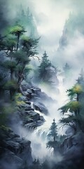 Misty mountain landscape with waterfall and trees