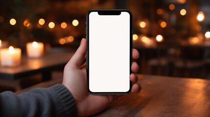 Mockup of a woman's hand holding black mobile phone with blank white screen in cafe