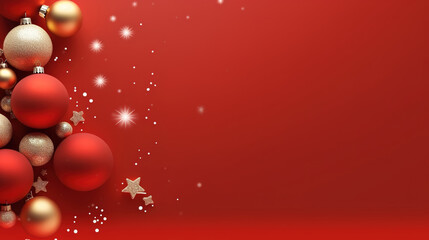 Red Christmas balls on snow against red bokeh background