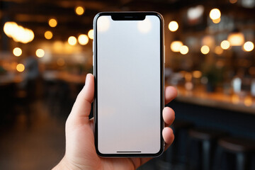 Male hand holds a phone with a white screen on the background of a cafe