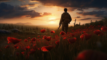 A lone soldier's silhouette stands in a field of poppies at sunset, a symbol of remembrance and the solemn spirit of ANZAC Day