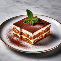 tiramisu dessert on a white plate. delicious sweet cake.