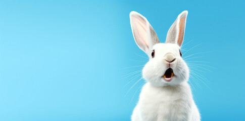 A joyful white Easter bunny against a clear blue sky, embodying the playful spirit of the holiday season