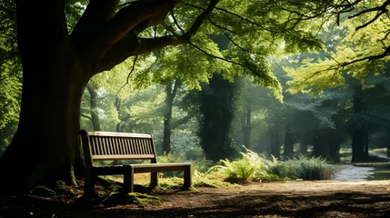 Fototapeten wooden bench in the park in a smoky weather © Micro