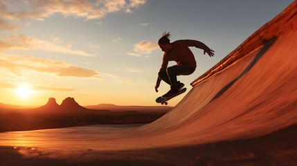 a young boy with skating board in dessert - Powered by Adobe