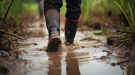 A farmer in rubber boots walking in the mud on a flooded plantation after a heavy rain storm