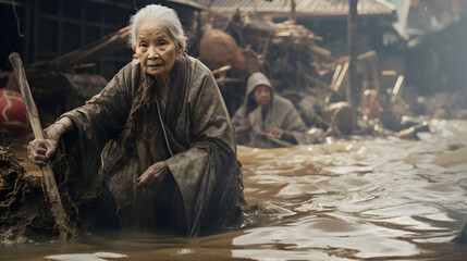 Elderly asian woman sitting in water after flood