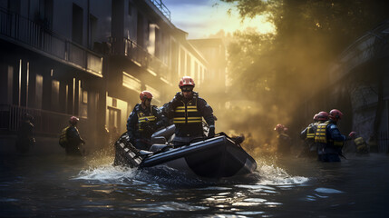 Flood disaster rescue operation in action - obrazy, fototapety, plakaty