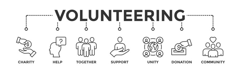 Volunteering banner web icon vector illustration concept for volunteer aid assistant with icon of charity, help, together, support, unity, donation, and community