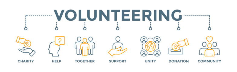 Volunteering banner web icon vector illustration concept for volunteer aid assistant with icon of charity, help, together, support, unity, donation, and community