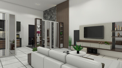 Modern Living Room Design with Wooden Divider Partition and Tv Cabinet
