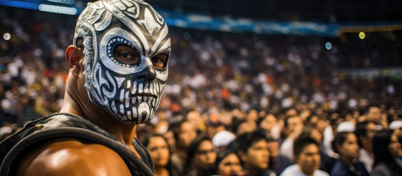 Mexican fighter wearing a silver wrestling mask poses in a stadium with spectators [Image].