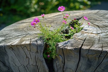 Flower growing roots through wood crack