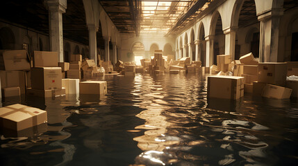 Flooded warehouse along with cardboard boxes floating on water due to flooding - obrazy, fototapety, plakaty