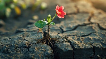Flower's roots sprout through a wood crack.