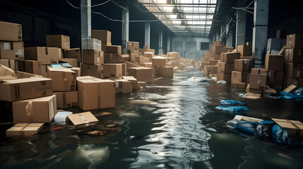 Flooded warehouse along with cardboard boxes floats on water due to floods