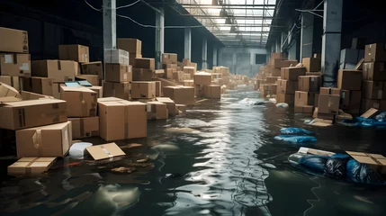 Foto op Aluminium Flooded warehouse along with cardboard boxes floats on water due to floods © Trendy Graphics